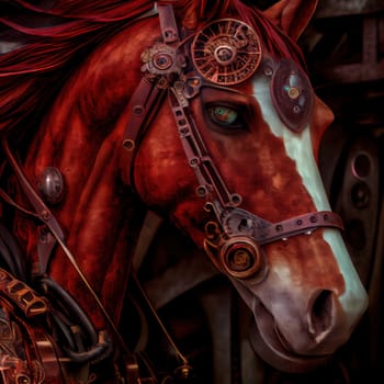 This image showcases the intricate details of a chestnut horse's head, capturing the essence of its beauty and grace. The vivid colors of the horse's coat and the intricate details of its face, including the eyes and nostrils, are skillfully rendered. The image is generated with the use of an AI.