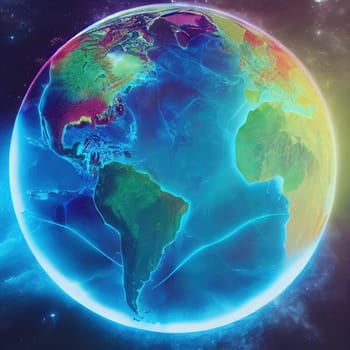 This painting features a stylized world map, with countries and bodies of water highlighted in neon light. The vibrant colors create a beautiful and eye-catching image that is both captivating and unique. The image is generated with the use of an AI.