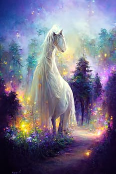 A majestic white horse stands in the midst of an enchanted forest, surrounded by towering trees and a blanket of snow. Its grace and beauty captivate the viewer, evoking a sense of wonder and magic. The image is generated with the use of an AI.