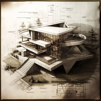 This digital art piece showcases the beauty and imagination of architectural design through an AI generated image. The intricate details and lines of the building's sketch come to life in a dreamy and surreal landscape. The image is generated with the use of an AI.