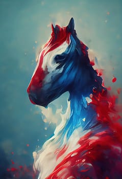 A majestic horse is depicted in vivid red, white, and blue hues in this stunning portrait. The intricate details of the horse's face are expertly captured, showcasing its beauty and grace. The image is generated with the use of an AI.