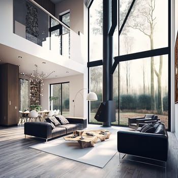 The image showcases a beautiful modern interior with large windows that offer a stunning view of the cityscape. The reflections of the surroundings create an interesting play of light and shadows, making the interior look even more captivating. The image is generated with the use of an AI.