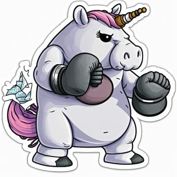 A joyful image of a unicorn boxer, flexing its muscles in the ring. The bright colors and playful design evoke feelings of happiness and lightheartedness. The image is generated with the use of an AI.