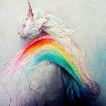 This abstract painting features a radiant background that illuminates a unicorn, creating a dreamy and peaceful atmosphere. The use of soft lines and pastel colors gives the artwork a surreal and otherworldly feel. The image is generated with the use of an AI.