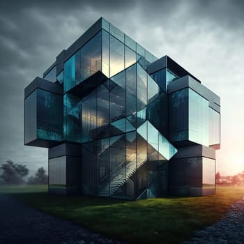 This magnificent architectural photo captures a modern building with a stunning glass facade and beautiful interior design. The spacious windows bring an abundance of natural light into the space, creating a warm and inviting atmosphere. The image is generated with the use of an AI.