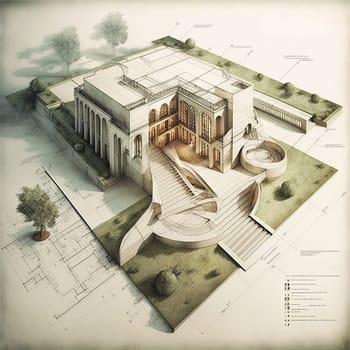 This stunning image showcases the art and science of building design, capturing the intricate details and patterns of an architectural masterpiece. The image highlights the intricate interplay between form and function in modern architecture, showcasing the beauty and creativity that lies within the design of buildings. The image is generated with the use of an AI.