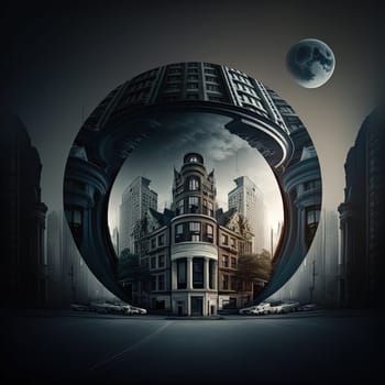 This captivating image presents a unique perspective on the urban architecture of a bustling metropolis, showcasing its beauty in an unexpected way. The intricate details of the city's towering skyscrapers and busy streets are rendered with vivid colors and striking lines, creating a surreal and eye-catching composition. The image is generated with the use of an AI.