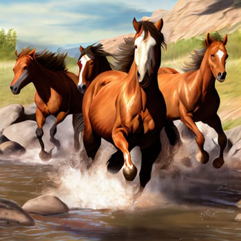 A magnificent herd of horses runs freely along the riverbank, their manes and tails flying in the wind. The vibrant blue water is a perfect backdrop for their gleaming bodies. The image is generated with the use of an AI.