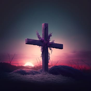 A stunning image of the sunrise on Good Friday, with the silhouette of a cross standing tall against the vibrant hues of purple. The image captures the serenity and reverence of this religious holiday. The image is generated with the use of an AI.