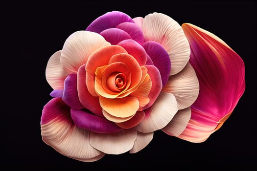 A stunning painting featuring a beautiful rose on a black background, with white, orange, and purple petals. The contrast of colors creates a mesmerizing visual experience. The image is generated with the use of an AI.