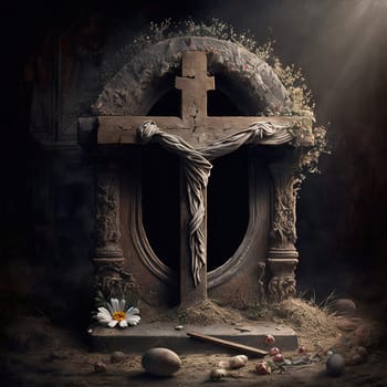 This striking painting depicts the solemn atmosphere of Good Friday with an altar as its centerpiece, surrounded by a hauntingly beautiful array of colors. The cross, the centerpiece of the altar, represents the ultimate sacrifice and is a powerful symbol of hope and renewal. The image is generated with the use of an AI.