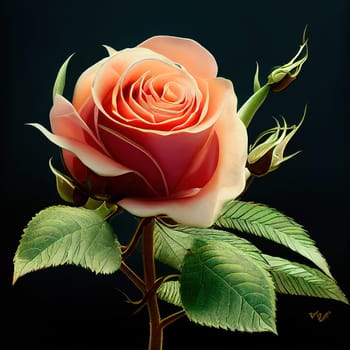 This image depicts a vibrant pink rose set against a striking black background. The rose's delicate petals and vivid color stand out, creating a bold and beautiful contrast. The image is generated with the use of an AI.