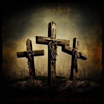 The painting depicts three crosses on a hill, symbolizing the crucifixion of Jesus on Good Friday. The crosses are illuminated by a warm, golden light, evoking a sense of hope and renewal. The image is generated with the use of an AI.