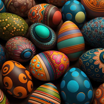 This digital painting showcases the celebration of Good Friday with a festive background of Easter eggs. The image is generated with the use of an AI.