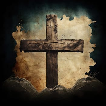 The painting depicts the silhouette of a wooden cross against a breathtaking sunrise. The cross stands tall on a hill, symbolizing hope and sacrifice. The image is generated with the use of an AI.