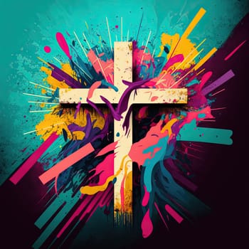 This digital artwork captures the essence of Good Friday and the importance of the cross in Christian beliefs. The wooden cross is painted in vibrant colors, symbolizing hope, renewal, and the triumph of the human spirit. The image is generated with the use of an AI.