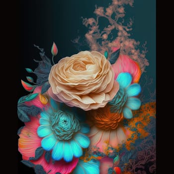 A striking image of blue and yellow roses set against a dark background. The contrast of the bright flowers against the dark background creates a striking visual effect. The image is generated with the use of an AI