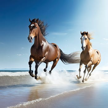 This dynamic artwork captures the beauty and grace of two horses as they gallop along the shoreline. The crashing waves and rolling hills provide a stunning backdrop to the majestic animals. The image is generated with the use of an AI.