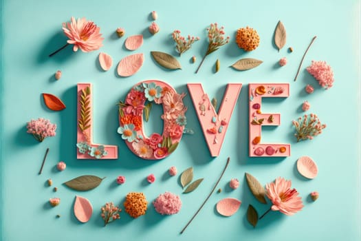 The word love decorated with pastel flowers and leavwes. Soft pastel blue background. Floral love decoration. Generative AI