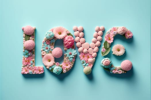 The word love decorated with pastel flowers and leavwes. Soft pastel blue background. Floral love decoration. Generative AI
