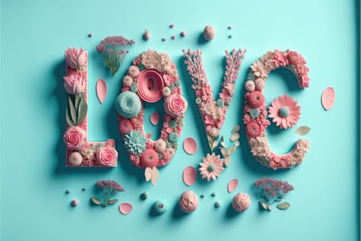 The word love decorated with pastel flowers and leavwes. Soft pastel blue background. Floral love decoration. Generative AI