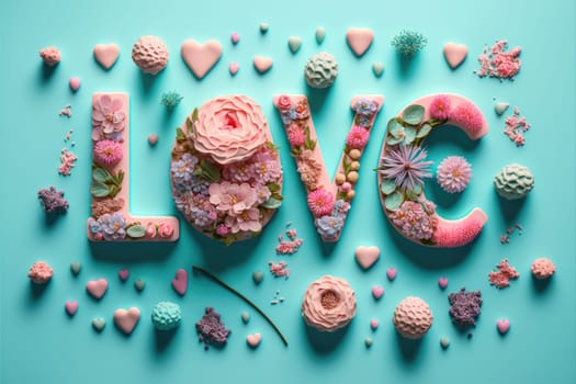 The word love decorated with pastel flowers and leavwes. Soft pastel blue background. Floral love decoration. Generative AI