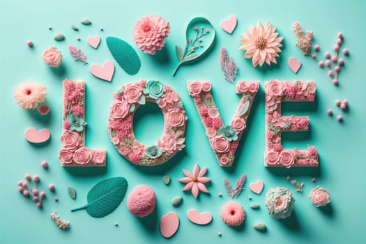 The word love decorated with pastel flowers and leavwes. Soft pastel blue background. Floral love decoration. Generative AI