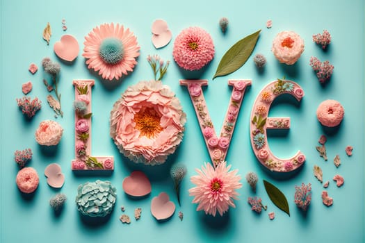 The word love decorated with pastel flowers and leavwes. Soft pastel blue background. Floral love decoration. Generative AI