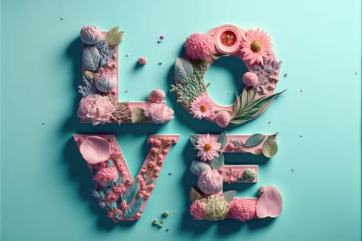The word love decorated with pastel flowers and leavwes. Soft pastel blue background. Floral love decoration. Generative AI