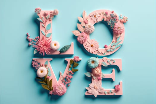 The word love decorated with pastel flowers and leavwes. Soft pastel blue background. Floral love decoration. Generative AI