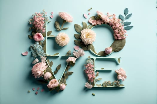 The word love decorated with pastel flowers and leavwes. Soft pastel blue background. Floral love decoration. Generative AI