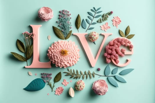 The word love decorated with pastel flowers and leavwes. Soft pastel blue background. Floral love decoration. Generative AI