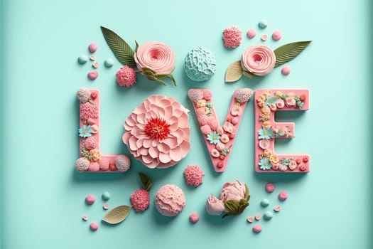 The word love decorated with pastel flowers and leavwes. Soft pastel blue background. Floral love decoration. Generative AI