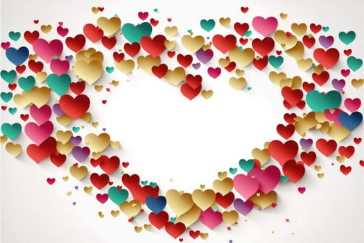Abstract background with colorful hearts over white background with copy space. Generative AI