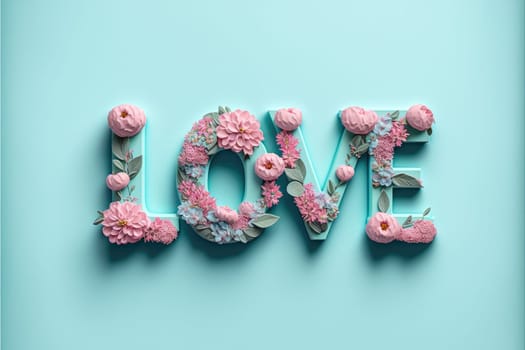 The word love decorated with pastel flowers and leavwes. Soft pastel blue background. Floral love decoration. Generative AI