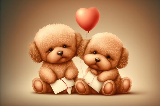 Cute doggies holding a blank postcard, selective focus. Valentine’s Day card. Generative AI