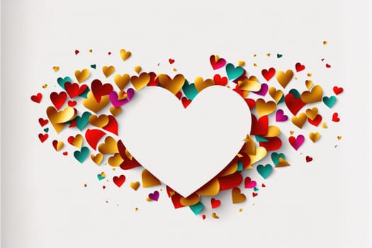 Abstract background with colorful hearts over white background with copy space. Generative AI