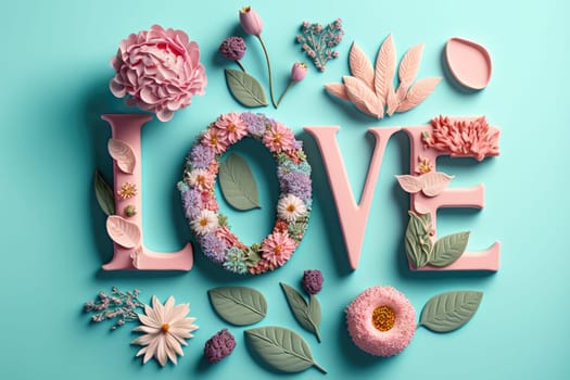 The word love decorated with pastel flowers and leavwes. Soft pastel blue background. Floral love decoration. Generative AI