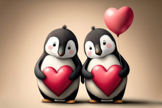 Cute penguins holding a heart, selective focus. Valentine’s Day card. Generative AI
