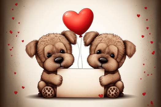 Cute doggies holding a blank postcard, selective focus. Valentine’s Day card. Generative AI