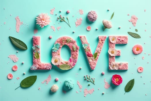 The word love decorated with pastel flowers and leavwes. Soft pastel blue background. Floral love decoration. Generative AI