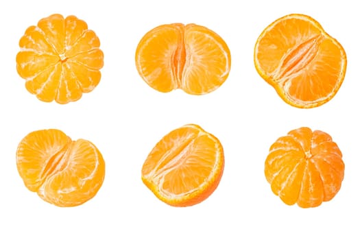 Collection slised mandarin fruits isolated on white with clipping path as package design element and advertising. Full depth of field.