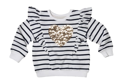 Spring children clothes. Close-up of a stylish beautiful black and white striped little girl sweater or pullover with a heart isolated on a white background. Clipping path. Kids winter or autumn fashion.