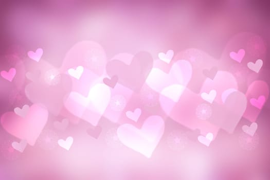 Abstract festive blur light pink pastel background with white pink hearts inside love bokeh for wedding card or Valentine day.  Romantic textured backdrop with space for your design. Card concept.