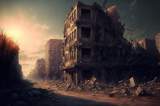 Destroyed city, Post-apocalyptic, War zone created with Generative AI technology.