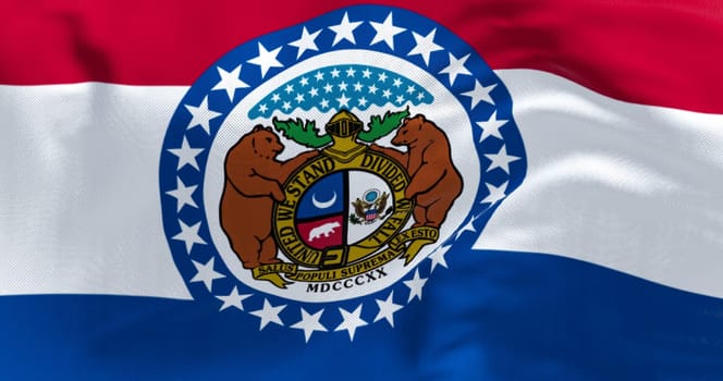 The US state flag of Missouri waving in the wind. Missouri is a state in the Midwestern region of the United States. Rippled fabric. Textured background. Realistic 3d illustration. Close-up