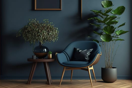 Armchair and wooden table in living room interior with plant,dark blue wall.3D rendering.