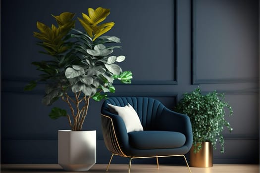 Armchair and wooden table in living room interior with plant,dark blue wall.3D rendering.