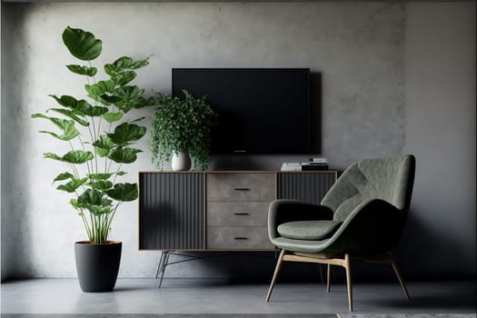 Cabinet TV in modern living room with armchair,lamp,table,flower and plant on concrete wall background,3d rendering.