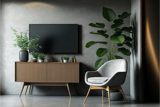 Cabinet TV in modern living room with armchair,lamp,table,flower and plant on concrete wall background,3d rendering.